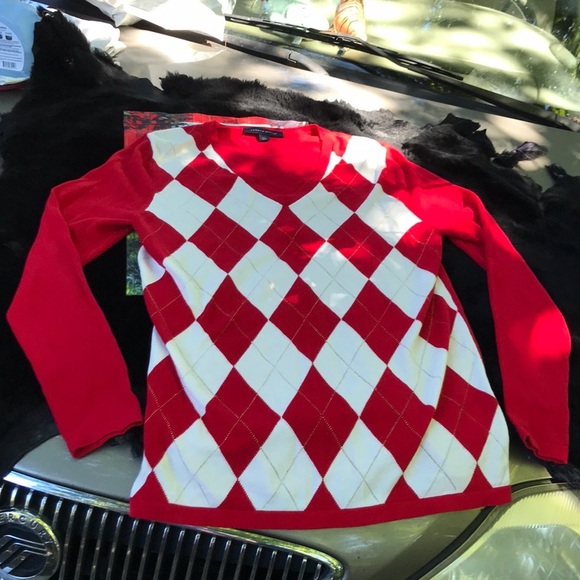 Tommy Hilfiger Red White Metallic Gold Argyle V-Neck Sweater L Large Women’s - Picture 7 of 13